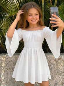 SHEIN Girlism Tween Girls' Solid Color Off Shoulder Cinched Waist Woven Dress - White - View 7