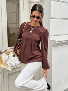 Serisse Women's Coffee Brown, Versatile, Pleated 100 Cotton Round Neck Long-Sleeved Shirt For Autumn, Birthday Holiday Tops Elegant French Casual Brunch - Rust Brown - View 8