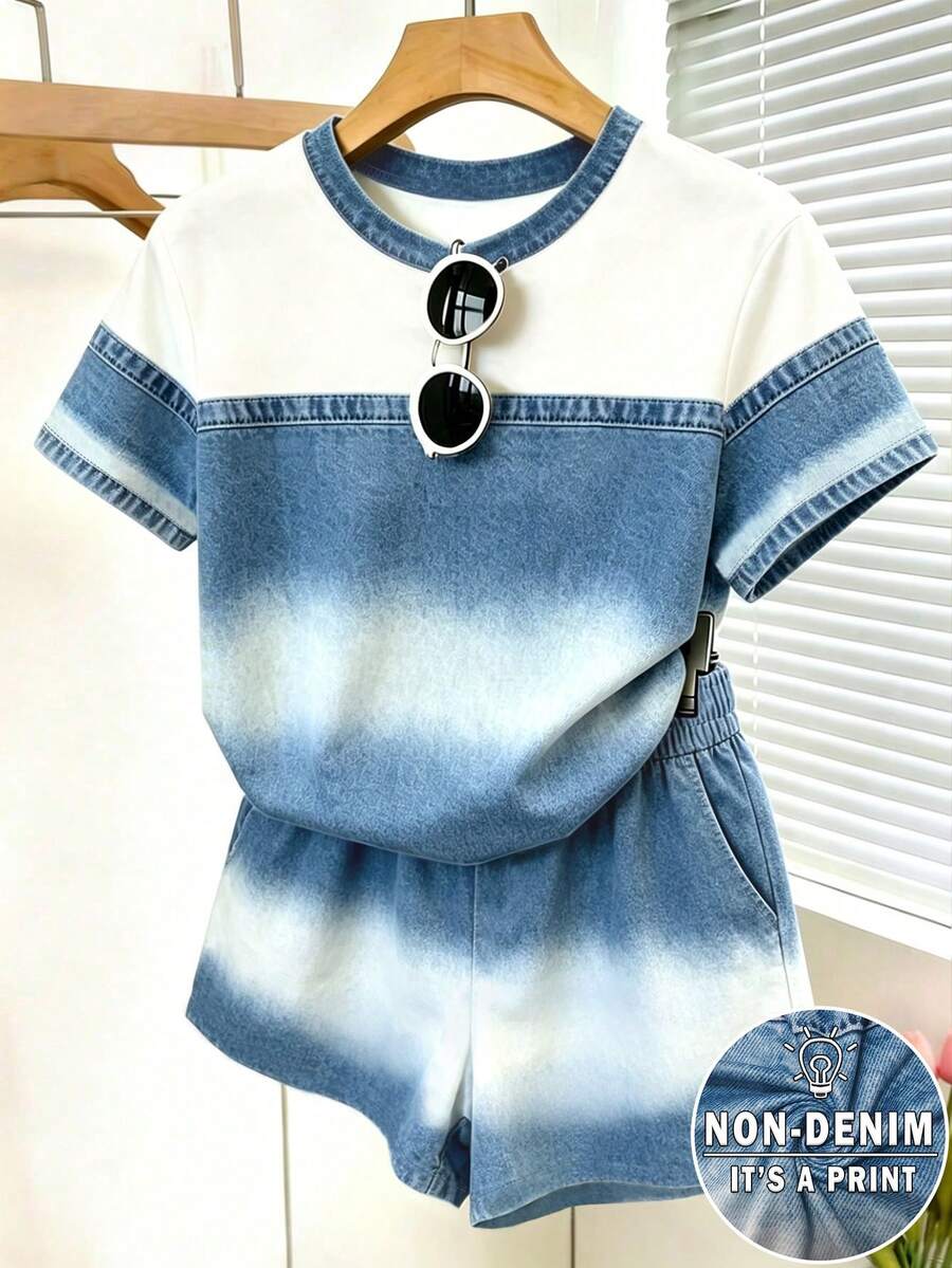 Resyla 女款圓領短袖牛仔拼接上衣與牛仔短褲2件套休閒日常穿搭 - 彩色 - 查看 1