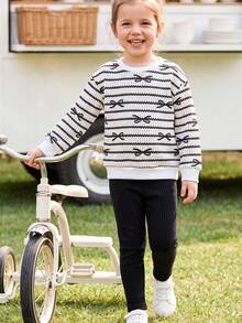 Maija Kids Maija Kids 2 piezas Conjunto para niña joven, elegante, casual, exquisito, cómodo, básico y versátil, con sudadera de punto de manga larga, cuello redondo, a rayas negras y blancas con patrón de lazo, y leggings negros, adecuado para volver a la escuela, salidas, actividades casuales, reuniones, otoño e invierno - Blanco y Negro - Ver 7