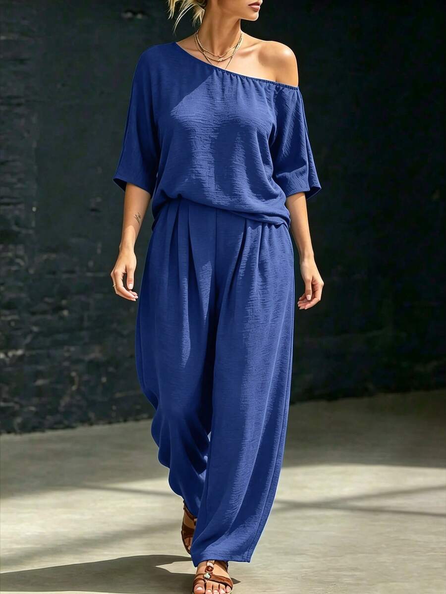 Weeklong Women's Plus Size Spring/Summer Casual Vacation Asymmetric Shoulder Loose Curved Leg Pants 2 Pieces Set, Suitable For Daily And Vacation Wear Fall - Blue - View 1