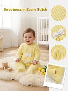 SHEIN Jumpsuit Rajut Kuning Lembut untuk Bayi Perempuan, Romper Lembut dan Nyaman dengan Hiasan Pita dan Rumbai yang Lucu untuk Musim Gugur, Cocok untuk Keluarga, Aktivitas Sehari-hari, Perjalanan Musim Gugur dan Musim Dingin - Kuning - View 6