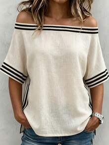 SHEIN Holidaya Linen Off-Shoulder Striped Top, Vacation Style Loose Cover-Up, French Slouchy Contrast Striped Cover Up, Linen Off-Shoulder Batwing Sleeve Top, Beach Vacation Off-Shoulder Linen T-Shirt, Relaxed Beige Striped Off-Shoulder Shirt, Mediterranean Style Striped Top, Loose Batwing Sleeve Linen Vacation Shirt, High-End Contrast Striped Off-Shoulder Top, Beach Top, Holiday Shirt - Apricot - View 4