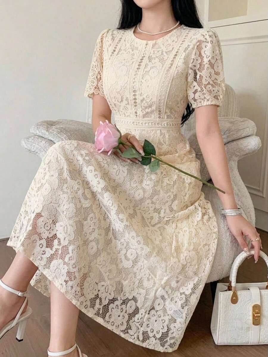 Feyla Summer Elegant Lace Dress For Women, Cinched Cinched Waist, Gentle Style, Short Dress Party Beige