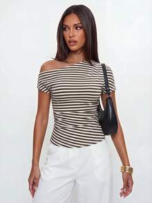 Avantive Women's Asymmetrical Shoulder Striped Casual Versatile Daily Wear Top - Coffee Brown - View 2