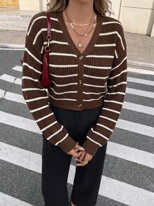 Serisse 女款條紋落肩長袖單排扣休閒針織開襟衫 - 彩色 - 查看 7