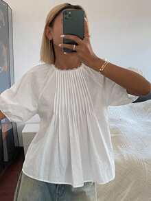 DAZY 女款純色寬鬆短袖圓領百褶休閒度假夏季襯衫上衣，適合學校穿著 - 白色 - 查看 6