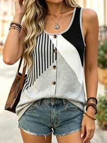 EMERY ROSE Plus Size Women's Minimalist Geometric Colorblock Striped Tank Top, European And American Style Casual Daily Wear, Button Decor Design Top, Spring/Summer Loose Sleeveless Top - Multicolor - View 4