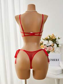 Esselle 2pcs Sky Blue Embroidered Lace-Up Lingerie Set For Women - Red - View 2