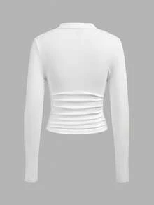 SHEIN EZwear 秋季新品青蛙鈕扣休閒極簡針織純色三件套圓領抓皺長袖女款T恤，秋季上衣，適合日常通勤、約會、派對、秋冬/夏季、聖誕節、新年、海灘、畢業典禮、時尚、休閒、Y2K、外出、畢業典禮等場合 - 彩色 - 查看 7