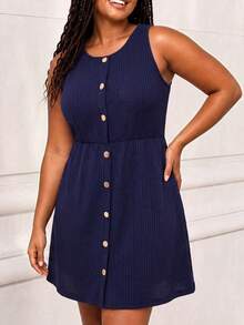 ELLERISSA Vestido mini de punto gofrado azul marino de talla grande con cuello redondo, sin mangas y botones delanteros - Azul Marino - Ver 5