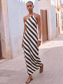 Maija Women's Sexy Contrast Stripe Print Backless Dress, Suitable For Beach, Vacation,Dresses For Women Summer - Black and White - View 1