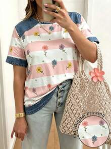 EMERY ROSE Casual & Fashionable, Women's T-Shirt With Denim Effect Patchwork, Striped And Cherry Digital Print, Round Neck - Multicolor - View 1