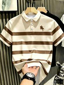Manfinity Hypemode 男士成熟風條紋 Polo 衫，小馬標誌，中性短袖，夏季商務休閒 - 彩色 - 查看 1
