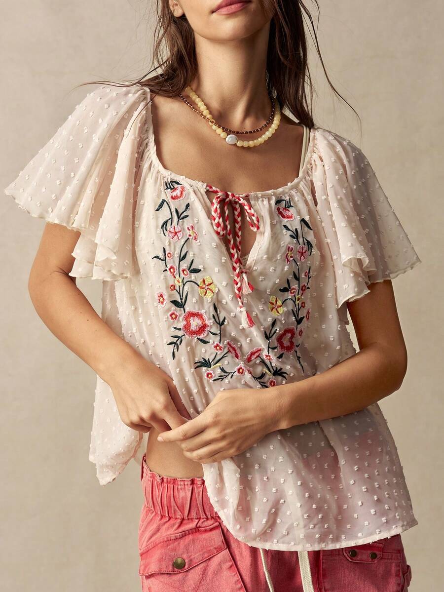 Bohemela 夏/秋度假刺繡花卉圖案梭織寬鬆女款襯衫,日常穿著,鄉村音樂會派對,返校季 - 彩色 - 查看 1