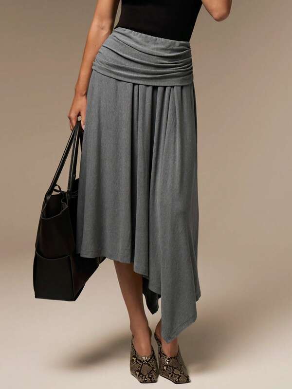 COSMINA Women's Solid Color Asymmetrical Hem Skirt Holiday Travel Airport Vacation Gray Autumn Casual