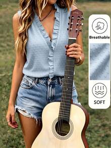 EMERY ROSE Camisa casual sin mangas con volantes y textura para mujer - Lavado ligero - Ver 4