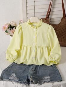 Young Girl Solid Color Single-Breasted Casual Daily Wear Shirt - Yellow - View 9