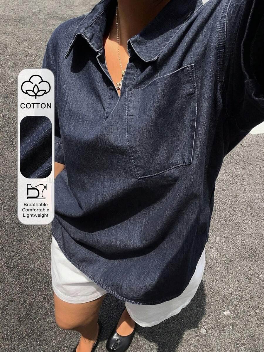 Dazy Plus 新款女款原色牛仔寬鬆休閒大尺碼短袖牛仔上衣 - 深色水洗藍 - 查看 1