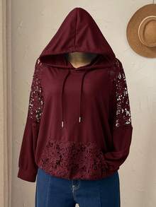 Rusticease Sudadera con capucha de talla grande, unicolor con patchwork de encaje - Burdeos - Ver 6