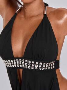 ACID BLVD Spring/Summer Y2K Retro Hot Girl Party Outfit: Spliced Rivet-Decorated Deep V Halter Top With Draped Waist Cutouts - Black - View 8