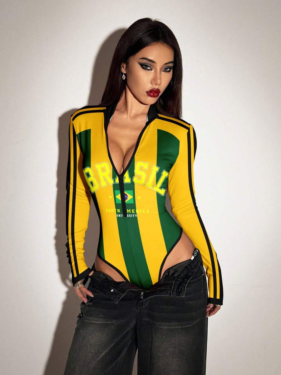 SHEIN ICON World Cup Jersey Striped Letter Print Contrast Color Fashion Long Sleeve Bodysuit - Multicolor - View 1