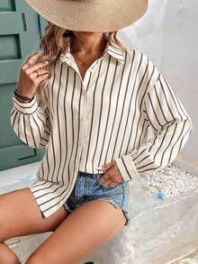 SHEIN Frenchy 女款條紋落肩長袖單排扣休閒襯衫 - 彩色 - 查看 6