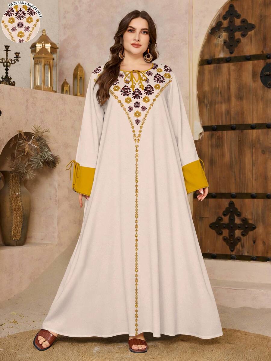 SHEIN Najma 女款大尺碼花卉植物印花藍黃配色時尚V領綁帶設計長袖優雅端莊中式阿拉伯風連身裙 夏季婚禮適用 - 彩色 - 查看 1