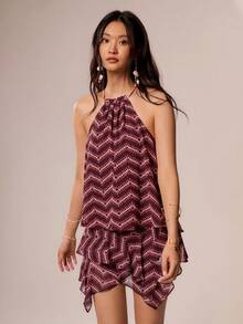 Willow Rêve Women's Brown Geometric Pattern Double Layer Chiffon Flirty Mini Skirt, Boho Style, Valentine's Day Style, Romantic Vacation Style, Travel,Skirt - Red - View 8