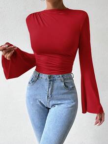 Rafferiza Spring/Autumn Casual Solid Color Flare Sleeve Bodysuit - Red - View 2