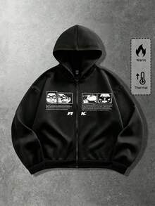 ROMWE MEN Street Life 男士字母印花拉鍊長袖連帽衛衣 - 黑色 - 查看 2