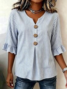 EMERY ROSE Damen Große Größen V-Ausschnitt Knopf Dekor Mittellange Ärmel Blaues Gestreiftes Hemd, Damen Sommer Top, Urlaubs Bluse, Gestreiftes T-Shirt, Lässiges Strand Top - Blau - Übersicht 4