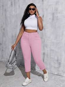 SHEIN Tall CURVE 女款大尺碼白色丹寧彈性緊身九分褲 - 粉色 - 查看 5