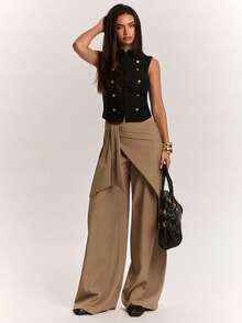 SHEIN BAE Women's Casual Commute Khaki Asymmetrical Placket Wide Leg Long Pants, Casual Long Pants, Daily Streetwear Long Pants, Back To School Long Pants, Autumn Long Pants, Airport, Khaki Long Pants - Khaki - View 4