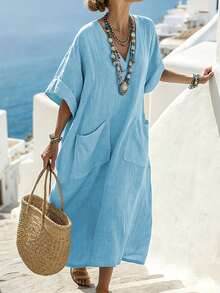 EMERY ROSE Women's V-Neck Pocket Loose Casual Vacation Dress - Blue - View 5