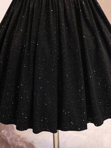 1 pezzo Abito estivo nero con glitter e scollo all'americana per ragazze adolescenti, stile elegante francese, vita arricciata laterale, senza maniche, gonna corta a trapezio, tessuto elastico, abito versatile per feste serali, appuntamenti, uscite quotidiane - nero - Visualizzare 7