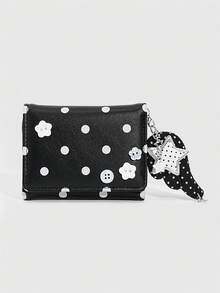 ROMWE Kawaii 1Pc Cute Black & White Polka Dot 3-Fold Wallet With Wing Decor, Portable Coin Purse & Card Holder, Perfect Back To School Gift - Black 1 - View 3