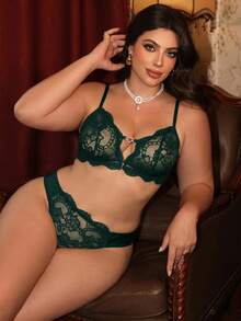 Divavoom 2件裝蕾絲前扣式無鋼圈大尺碼女款內衣 - 墨綠色 - 查看 3