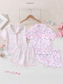 SHEIN 女童粉色甜美可愛短袖短褲舒適兩件式居家服套裝 - 彩色 - 查看 10