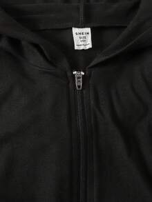 SHEIN Jaket Anak Perempuan Remaja Kasual Olahraga Warna Polos Slim Fit Jaket Berkerudung Depan Terbuka 2pcs - Hitam dan Putih - View 7