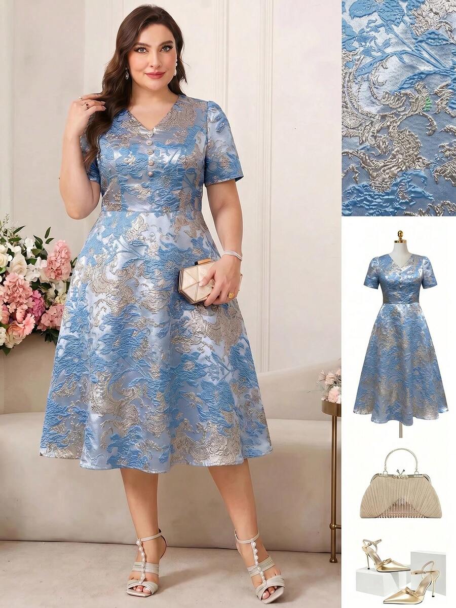 SHEIN Clasi Plus Size Women's Dress Spring Summer Elegant Romantic Short Sleeve Midi Dress - Blue - View 1