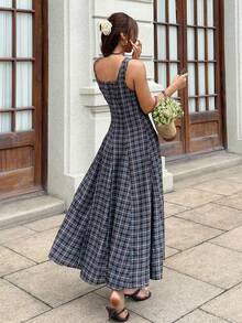 Serisse Damen Mode kariertes plissiertes ärmelloses Urlaubs-Kleid Brunch Picknick hellgrau Sommer französischer Vintage-Stil - Verschiedenfarbig - Übersicht 2