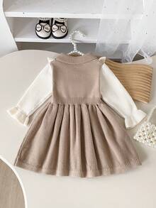 SHEIN Baby Girl Colorblock Patchwork Ruffle Knit Dress Autumn Fall - Khaki - View 2