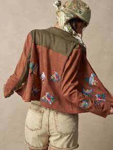 Bohemela 女款秋季休閒復古拼色拼接花卉與鳥類刺繡夾克 - 棕色 - 查看 3