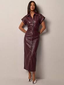 COSMINA Burgundy PU Dress With Dropped-Shoulder Sleeves And A Button-Front Placket.Burgundy PU Dress With D Night Out Autumn Elegant - Burgundy - View 3