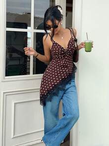 Serisse Women's Brown And White Polka Dot Contrast Lace Asymmetric Hem Cami Tank Top Night Out Sexy Summer Formal Business Chic Back To School - Brown - View 13
