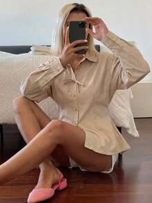 DAZY 女款純色單排扣休閒百搭日常穿著襯衫 度假風 - 杏色 - 查看 4