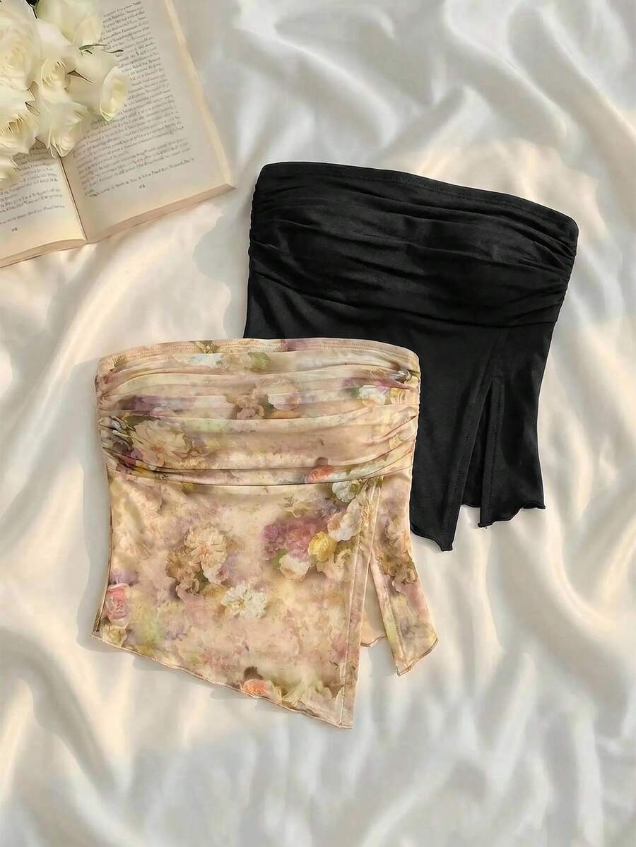 SHEIN MOD 2件装女士褶皱侧开衩下摆抹胸上衣 - 彩色 - 查看 1
