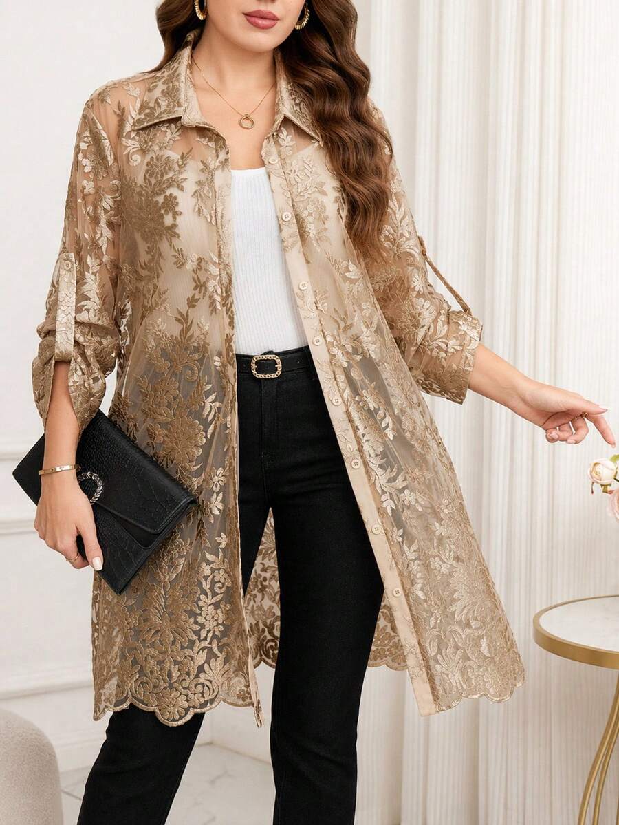 Reflora Plus Size Women's Floral Mesh Ruffle Sleeve Long Elegant Blouse - Khaki - View 1