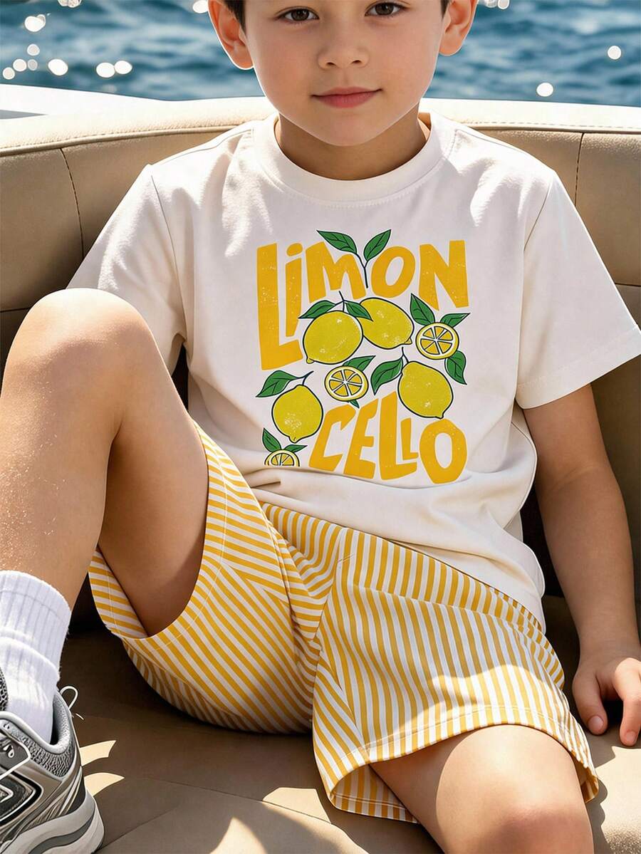 2件組青少年男孩休閒風檸檬英文標語印花時尚圓領短袖T恤與運動短褲套裝,適合假期派對、春夏穿著,舒適隨性,夏季必備時尚休閒穿搭,春夏街頭風,開學休閒穿搭,適合戶外野餐 - 彩色 - 查看 1